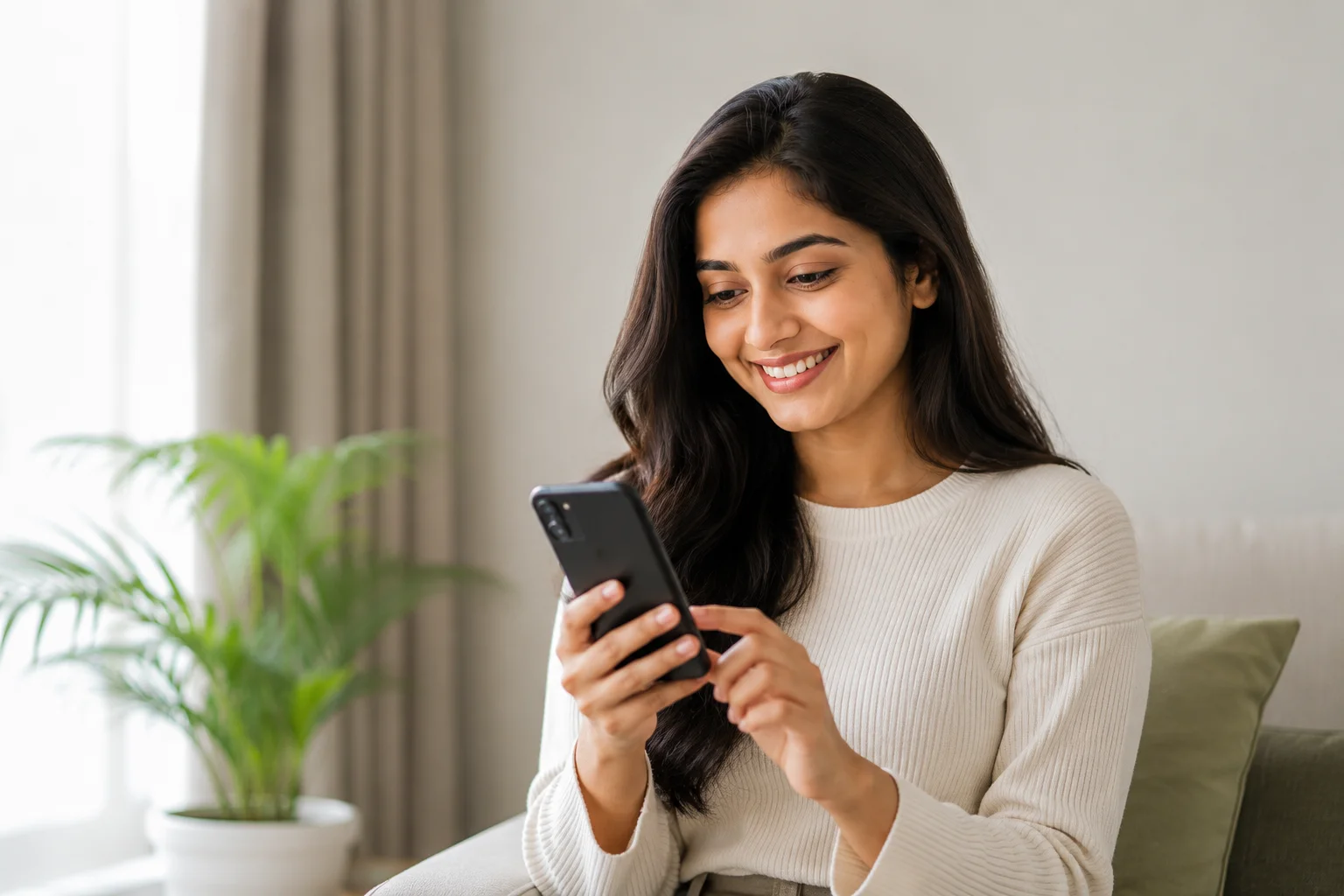 Senior woman smiling while looking at her smartphone